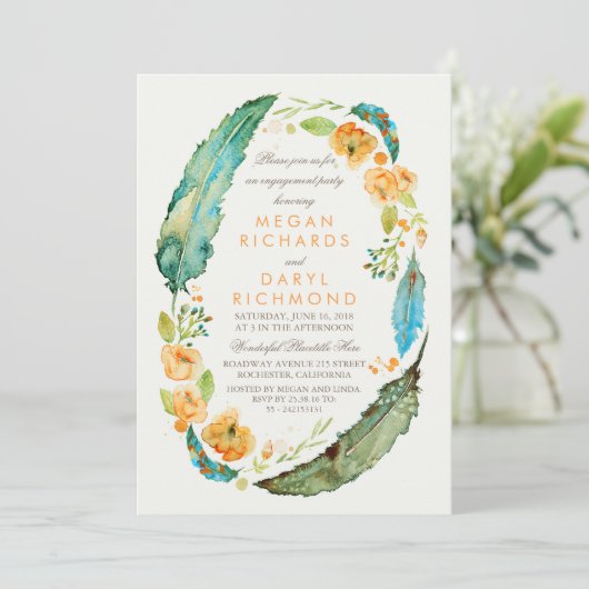 Boho Floral Feathers  Blauwgroen Engagement Party Kaart (Staand voorkant)