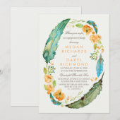 Boho Floral Feathers  Blauwgroen Engagement Party Kaart (Voorkant / Achterkant)