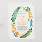 Boho Floral Feathers  Blauwgroen repetitiediner Kaart (Voorkant / Achterkant)