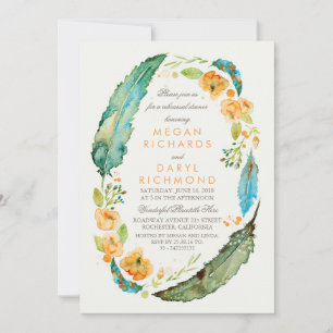 Boho Floral Feathers  Blauwgroen repetitiediner Kaart