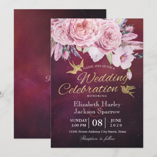 Boho Floral Feathers Burgundy Red Kaart (Voorkant / Achterkant)