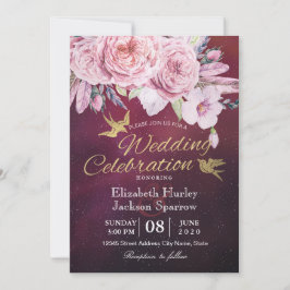 Boho Floral Feathers Burgundy Red Kaart