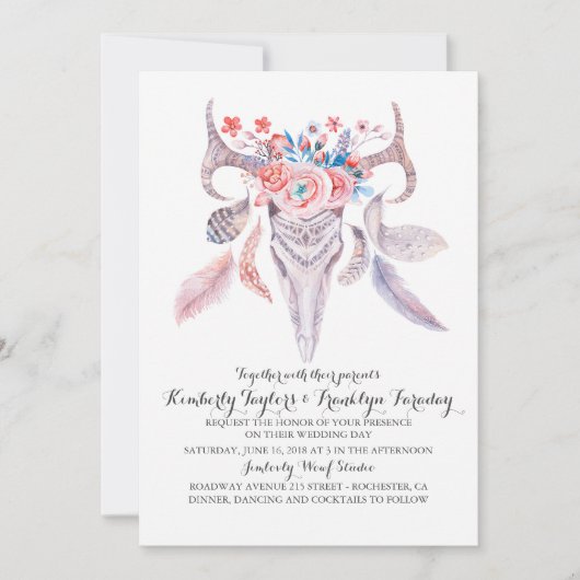 Boho Floral Feathers Deer Antlers Wedding Kaart (Voorkant)
