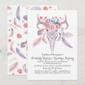 Boho Floral Feathers Deer Antlers Wedding Kaart (Voorkant / Achterkant)