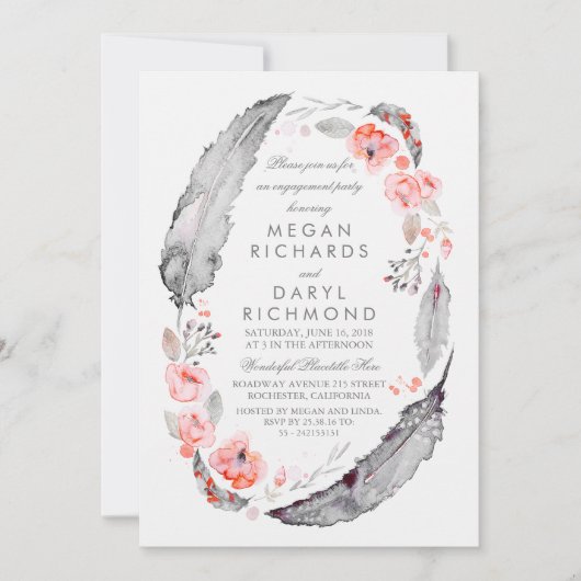 Boho Floral Feathers  verlovingsfeest Kaart (Voorkant)