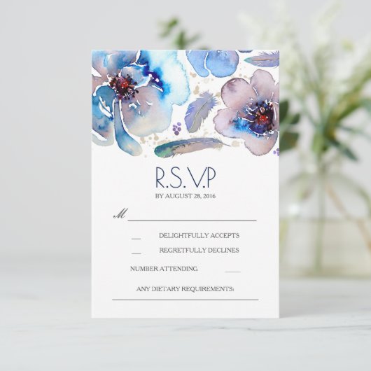 Boho Floral Feathers Waterverf Blue RSVP Card (Staand voorkant)