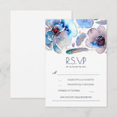 Boho Floral Feathers Waterverf Blue RSVP Card Kaartje (Voorkant / Achterkant)