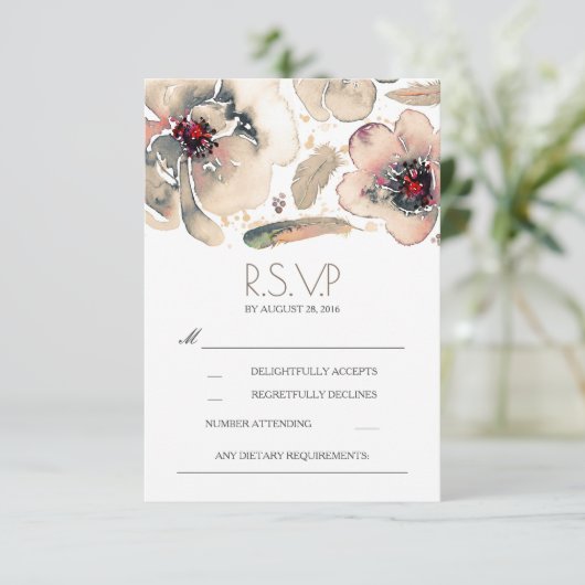 Boho Floral Feathers Waterverf Ivory RSVP Card (Staand voorkant)