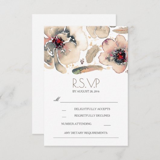 Boho Floral Feathers Waterverf Ivory RSVP Card (Voorkant / Achterkant)