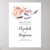 Boho Floral Feathers Wedding Welcome Sign Poster (Voorkant)