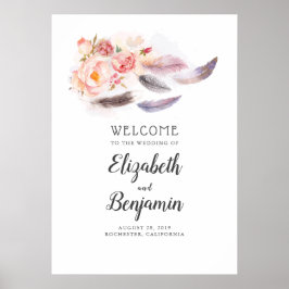 Boho Floral Feathers Wedding Welcome Sign Poster