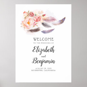 Boho Floral Feathers Wedding Welcome Sign Poster