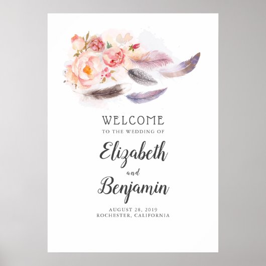Boho Floral Feathers Wedding Welcome Sign Poster (Voorkant)