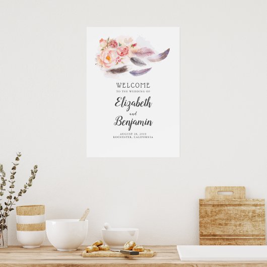 Boho Floral Feathers Wedding Welcome Sign Poster (Keuken)
