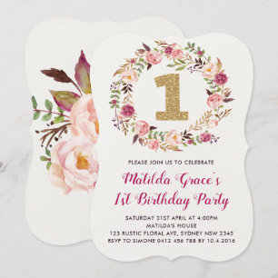 Boho Floral First Birthday Girl Party Kaart