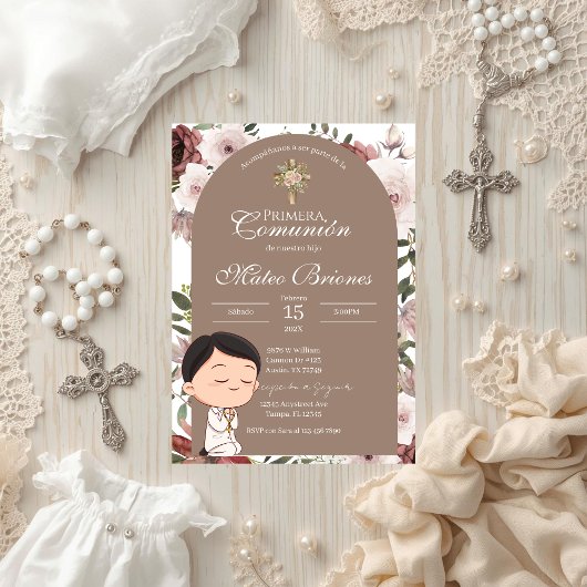 Boho Floral First Communion Invitation Kaart