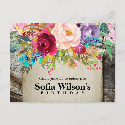 boho floral, flower jarig Briefkaart uitnodiging (Voorkant)