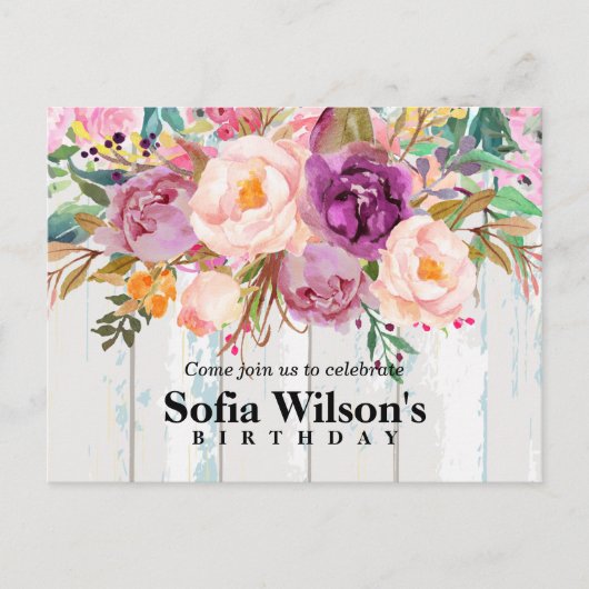 boho floral, flower jarig Briefkaart uitnodiging (Voorkant)