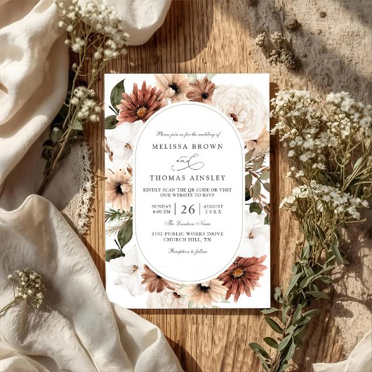 Boho Floral Frame Acrylic Elegant QR Code Wedding Kaart