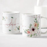 Boho Floral Geometric Roos Aangepaste monogram Koffiemok<br><div class="desc">Een mooie hand schilderde roze waterverf natuurbloem illustratie op een mok met je eigen gepersonaliseerde monogram en naam. Het gouden geometrische patroon van het roos en de marmerachtergrond zorgen voor een modern aanraakvlak met dit biose stijlontwerp.</div>