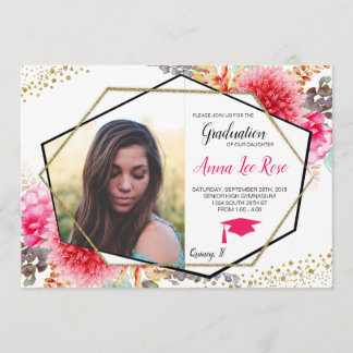 Boho Floral Geometrisch Goud Afstuderen Uitnodigin Kaart