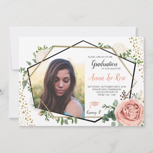 Boho Floral Geometrisch Goud Afstuderen Uitnodigin Kaart (Voorkant)