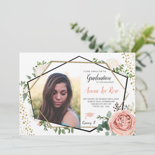 Boho Floral Geometrisch Goud Afstuderen Uitnodigin Kaart (Staand voorkant)