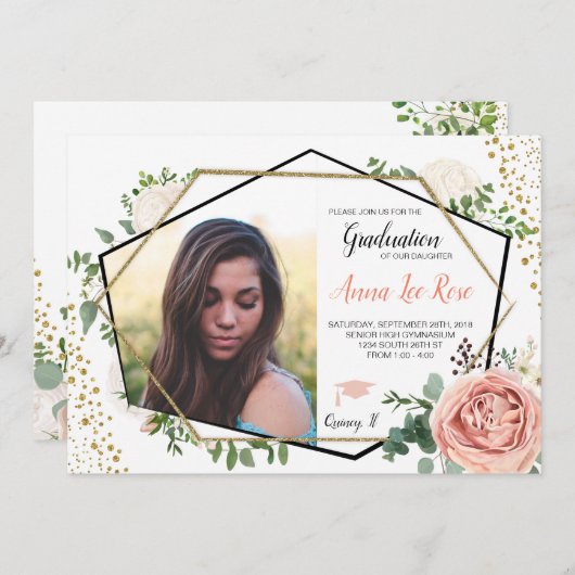 Boho Floral Geometrisch Goud Afstuderen Uitnodigin Kaart (Voorkant / Achterkant)