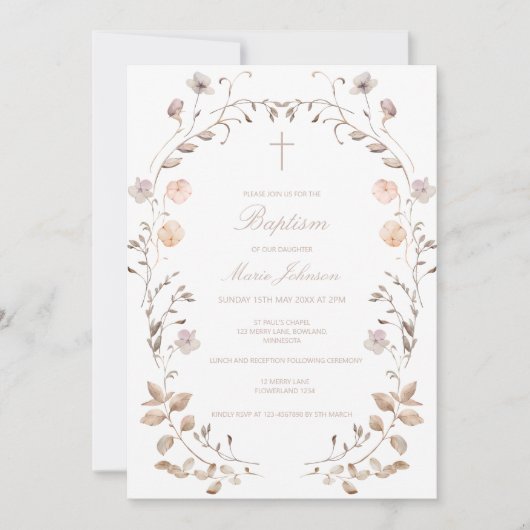 Boho floral girl Baptism invitation template Kaart (Voorkant)