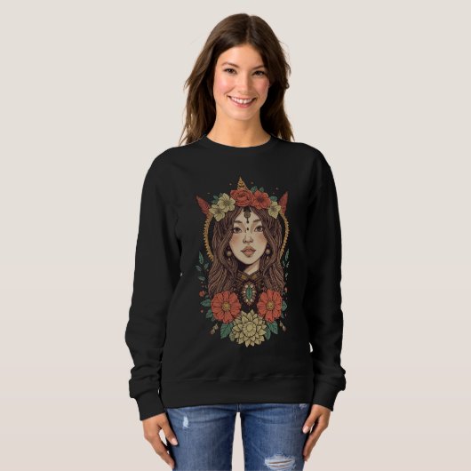 Boho Floral Girl Black Sweatshirt (Voorkant volledig)
