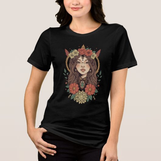 Boho Floral Girl Black T-Shirt (Voorkant)
