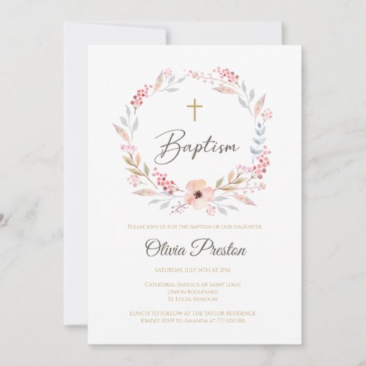 Boho Floral Girl Doop Uitnodiging (Voorkant)