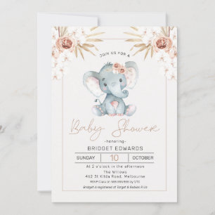 Boho Floral Girls Elephant baby shower Invitation Kaart