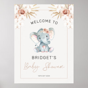Boho Floral Girls Elephant Baby shower Welkom Poster