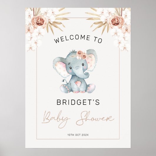 Boho Floral Girls Elephant Baby shower Welkom Poster (Voorkant)