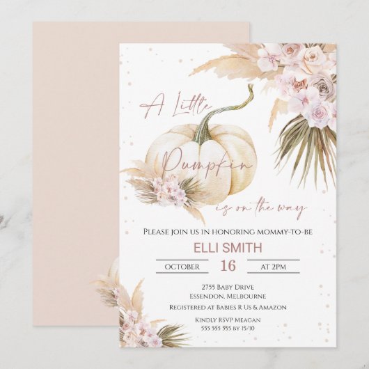 Boho Floral Girls Little Pumpkin Baby shower Invit Kaart (Voorkant / Achterkant)