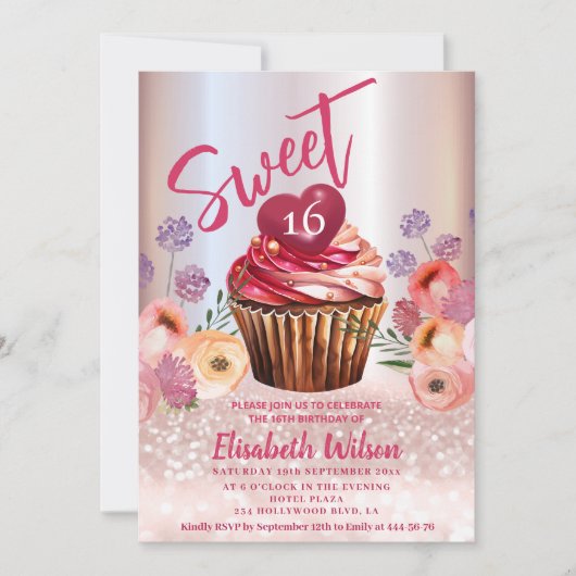 Boho floral Girly cupcake Roos gouden glitterij Kaart (Voorkant)