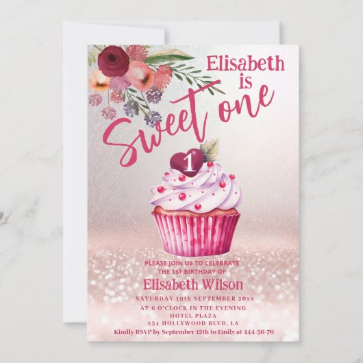 Boho floral Girly cupcake Roos gouden glitterij Kaart (Voorkant)