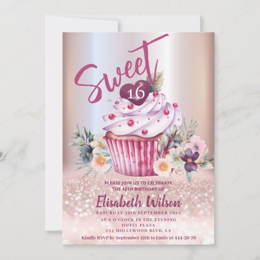 Boho floral Girly cupcake Roos gouden glitterij Kaart (Voorkant)