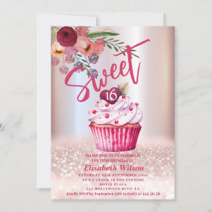 Boho floral Girly cupcake Roos gouden glitterij Kaart