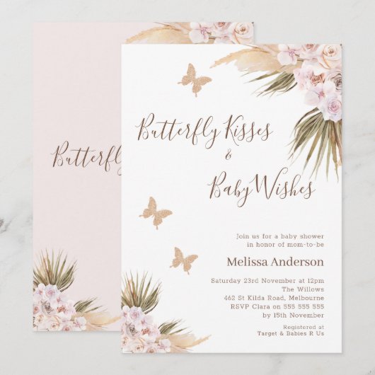 Boho Floral Glitter Butterfly Kisses Baby shower Kaart (Voorkant / Achterkant)