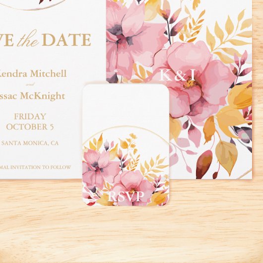 Boho Floral Gold en Pink RSVP met QR-code Informatiekaartje