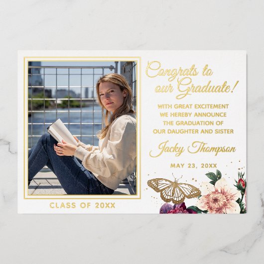 Boho Floral Gold Foil Afstuderen Aankondiging (Voorkant)