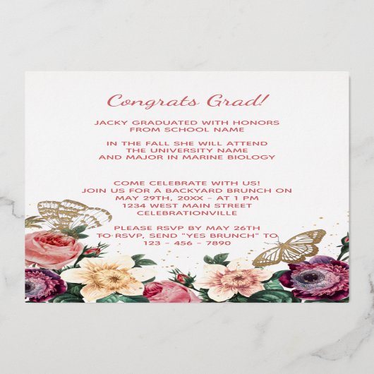 Boho Floral Gold Foil Afstuderen Aankondiging (Achterkant)