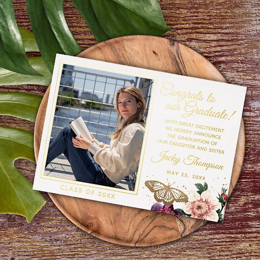 Boho Floral Gold Foil Afstuderen Aankondiging