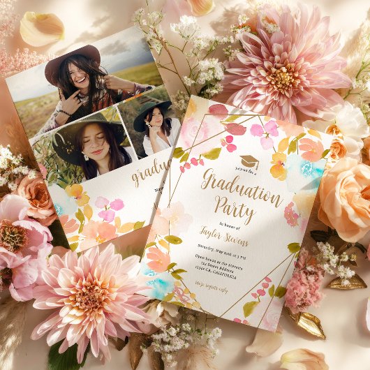 Boho Floral Gold Geometric Modern Photo Graduation Kaart