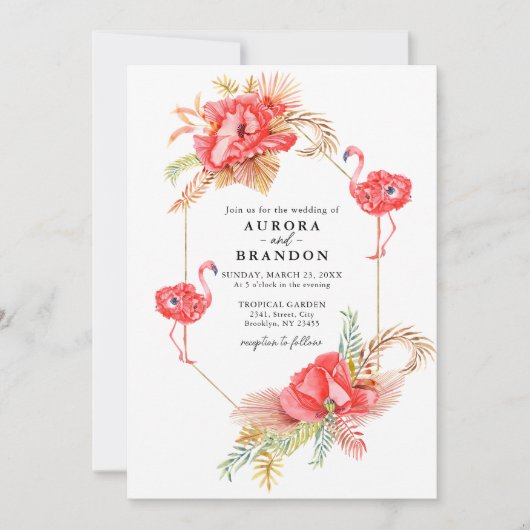 Boho Floral Gold Lijst Flamingo Wedding Invitation Kaart (Voorkant)