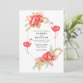 Boho Floral Gold Lijst Flamingo Wedding Invitation Kaart (Staand voorkant)