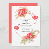 Boho Floral Gold Lijst Flamingo Wedding Invitation Kaart (Voorkant / Achterkant)