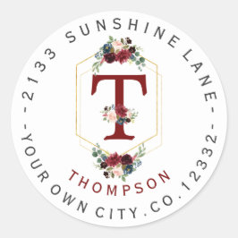 Boho Floral Gold Monogram Circular Address Label